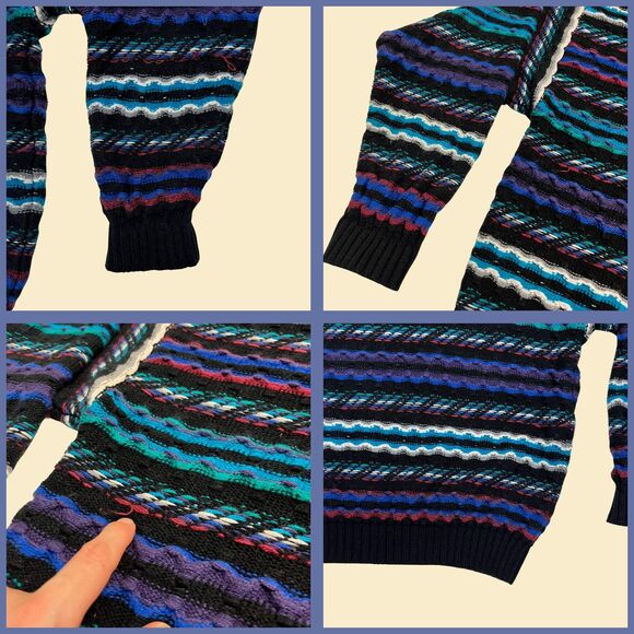 Vintage XL 90s abstract sweater w/ wavy stripes by Concrete, blue/teal pullover - Picture 2 of 8